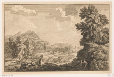 Arkadische Flusslandschaft mit Hirten und Frau mit einem Wäschekorb von Adolf van der Laan