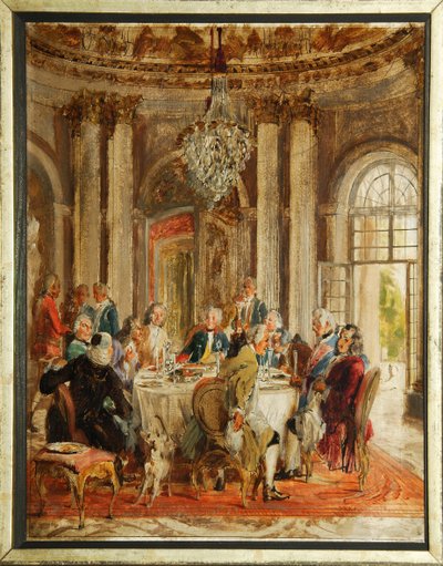 Die Tafelrunde von Friedrich II. von Preußen mit Voltaire und Christoph Ludwig von Stille im Schloss Sanssouci von Adolph Menzel