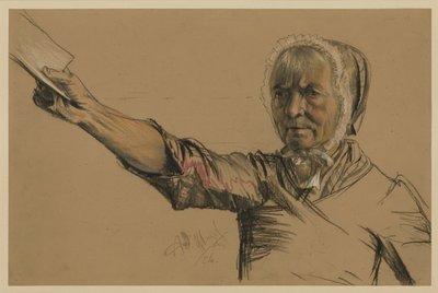 Alte Frau, die mit der Rechten eine Bittschrift ausstreckt von Adolph Menzel