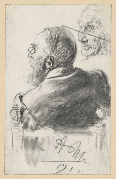 Bärtiger Mann mit Zwicker im Lehnstuhl sitzend, Rückenansicht, Gesicht eines alten Mannes von Adolph Menzel