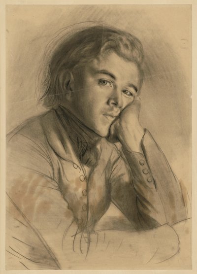 Brustbild eines Knaben nach rechts, den Kopf auf die Linke gestützt, vermutlich Carl Johann Arnold, vgl. SZ Menzel Nr. 1723 von Adolph Menzel