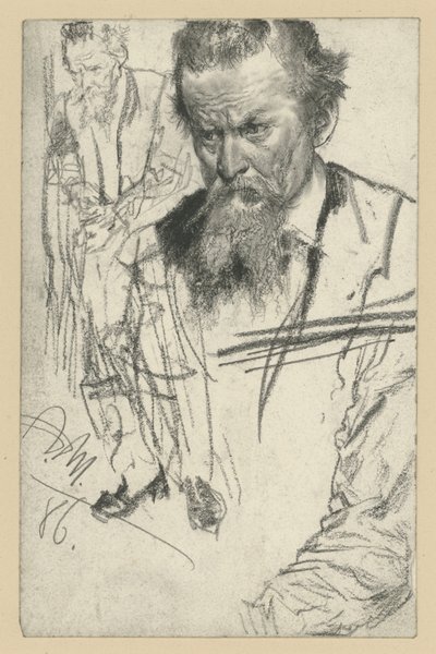 Brustbild eines Mannes mit Knebelbart, etwas nach links geneigt, links: ein stehender Mann, nach links, rechts: Ärmelstudie von Adolph Menzel