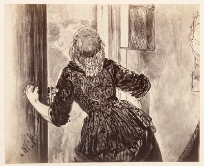 Die Magd kommt auf Adams Läuten; vom Rücken gesehen, die Tür, die Rechte am Türgriff, zu Heinrich von Kleist "Der zerbrochene Krug" von Adolph Menzel