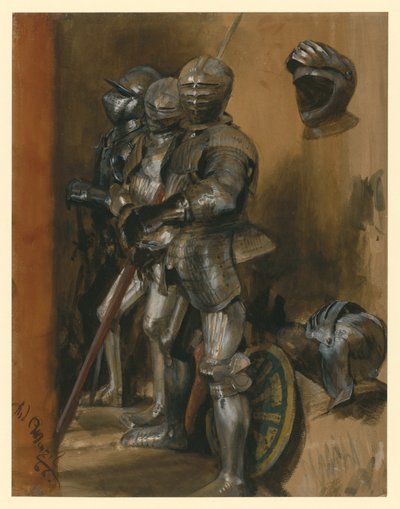 Drei Rüstungen und zwei Helme von Adolph Menzel