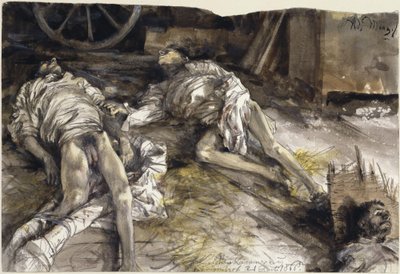 Drei gefallene Soldaten in einer Scheune / Leichenkammer zu Königinhof von Adolph Menzel