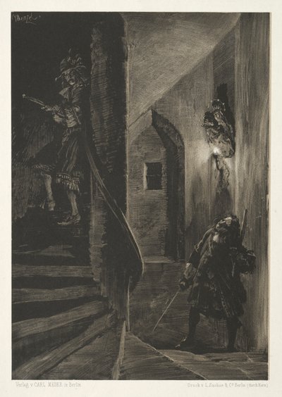 Essay über Stein mit Pinsel und Schaber: Verfolgung auf der Wendeltreppe von Adolph Menzel