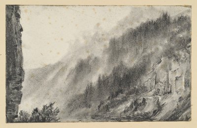 Gebirgslandschaft mit wabernden Nebeln, links aufragende Felswand von Adolph Menzel