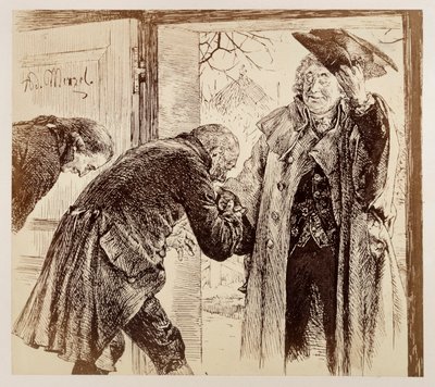 Gerichtsrat Walter tritt, freundlich den Hut lüftend, von rechts zur Tür herein, von Adam und Licht untertänig begrüßt, zu Heinrich von Kleist "Der zerbrochene Krug" von Adolph Menzel