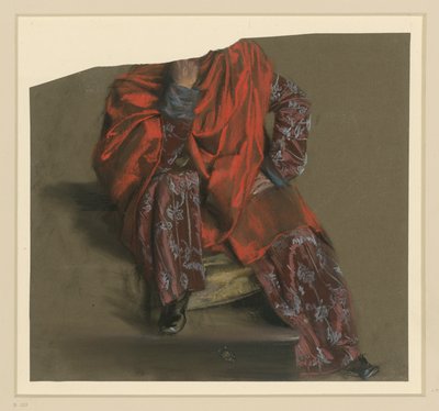 Gewandstudie einer en face sitzenden männlichen Figur in geblümtem langen Rock mit rotem Überwurf von Adolph Menzel