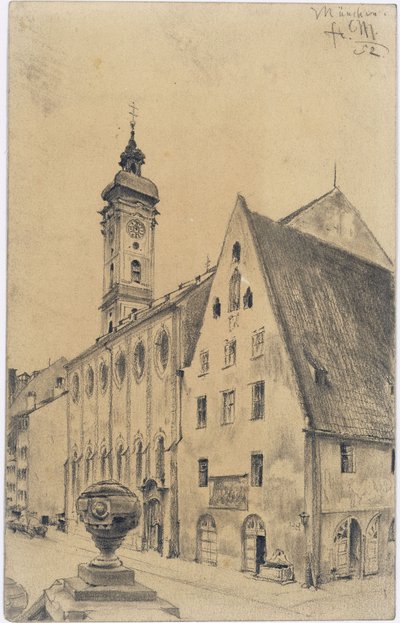 Heiliggeistkirche mit dem ehemaligen Weiberbau des Spitals in der Kaufinger Straße in München von Adolph Menzel