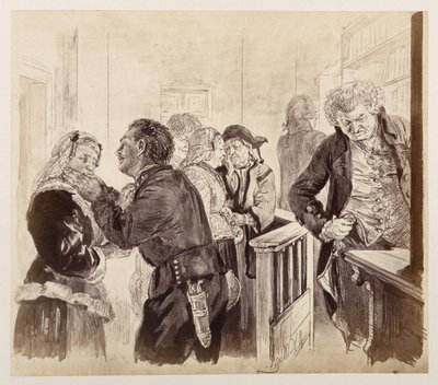Im Gerichtszimmer nach Adams Flucht. Der Gerichtsrat sieht nach der Uhr. Eve und Ruprecht versöhnen sich, zu Heinrich von Kleist "Der zerbrochene Krug" von Adolph Menzel