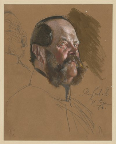 Karl Prinz von Preussen, Brustbild, 3/4-Profil nach rechts in Untersicht, l.: Gesicht im Profil nach rechts (durchgestrichen), Porträtstudie zu "Die Krönung Wilhelms I. in Königsberg" von Adolph Menzel