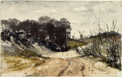 Märkische Landschaft mit Windmühlen im Hintergrund von Adolph Menzel