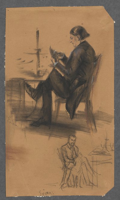 Mann mit Karten in der Hand, am Spieltisch (oben); Mann sitzt am Tisch, streichelt Hund (unten) von Adolph Menzel