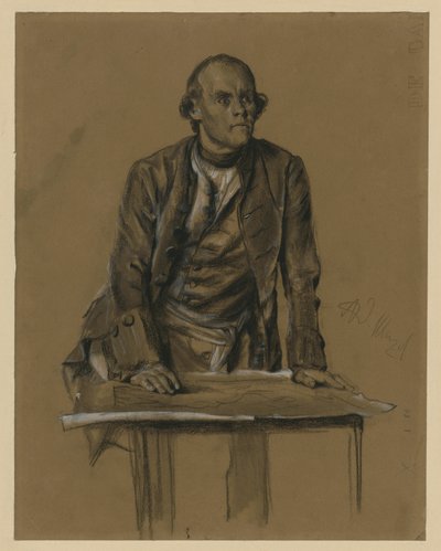 Modellstudie zu Prinz Heinrich von Preußen, Halbfigur en face über einen Tisch gebeugt, "Aus König Friedrichs Zeiten. Kriegs und Friedenshelden", 1856 (zu Bock 1071) von Adolph Menzel
