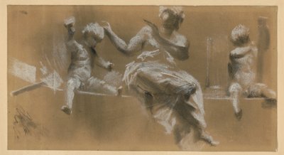 Plastisches Bildwerk auf einem Gesims, allegorische weibliche Figur von Putten flankiert, die die Malerei (r.) und die Bildhauerei (l.) symbolisieren von Adolph Menzel
