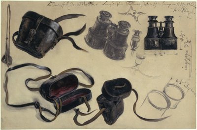 Studie nach dem Fernglas des Feldmarschalls Graf von Moltke, Futteral und Details, mit Notizen von Adolph Menzel