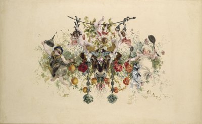 Tafelgeschirr: Bratenschüssel mit Putten, Kellerwart und Koch von Adolph Menzel