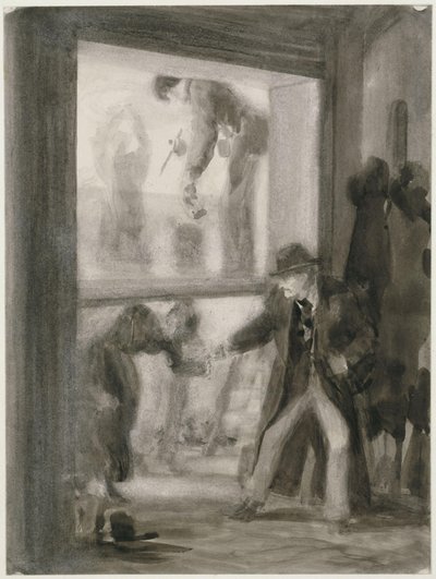 Transparentmalen in der Akademie, vorn ein Herr im Filzhut einer gebückten weiblichen Figur die Hand reichend von Adolph Menzel