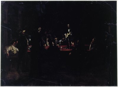 Zecher um einen großen Tisch und ein Sänger von Adolph Menzel