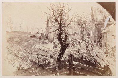Zwischen den letzten Häusern des Dorfes bricht die Menge hervor, um den fliehenden Adam zu verfolgen, den man mit seinem Stock eilig abziehen sieht, zu Heinrich von Kleist "Der zerbrochene Krug" von Adolph Menzel