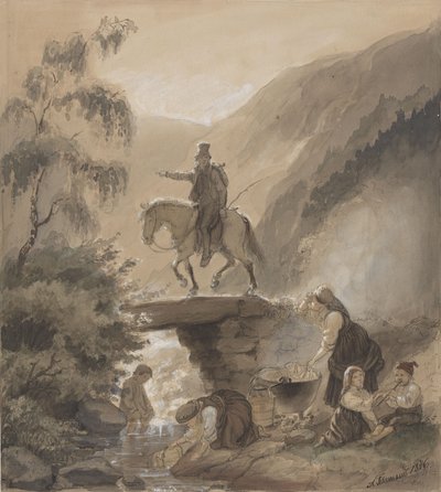 Reiter, Frauen und Kinder am Bach von Adolph Tidemand