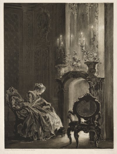 Essay über Stein mit Pinsel und Schaber: Frau liest am Kamin von Adolph Menzel