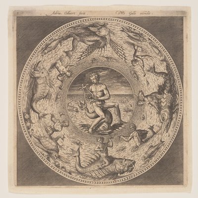 Arion auf einem Delphin umgeben von einem mit Meereskreaturen verzierten Rand, aus einem Satz von Entwürfen für Teller (Fonds de Coupe) von Adriaen Collaert