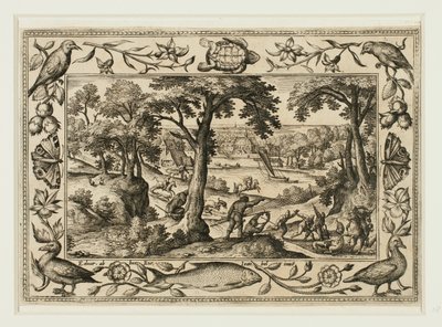 Wildschweinjagd, aus Landschaften mit Alten und Neuen Testament-Szenen und Jagdszenen von Adriaen Collaert