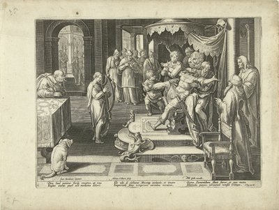 David spielt auf seiner Harfe für König Saul (Lobgesang auf die Musik) von Adriaen Collaert