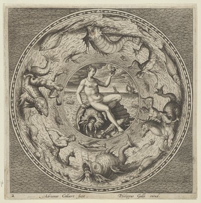 Entwurf für einen Teller mit Thetis auf einer Muschel in einem Medaillon, umgeben von Seeungeheuern, ca. 1600 von Adriaen Collaert