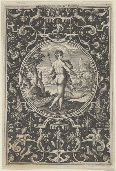Juno in einem dekorativen Rahmen mit Grotesken, aus dem Urteil des Paris, ca. 1580-1600 von Adriaen Collaert