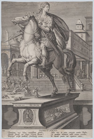 Tafel 12: Reiterstatue von Domitian, dreiviertel nach links gesehen, mit seinem ..., ca. 1587-89 von Adriaen Collaert