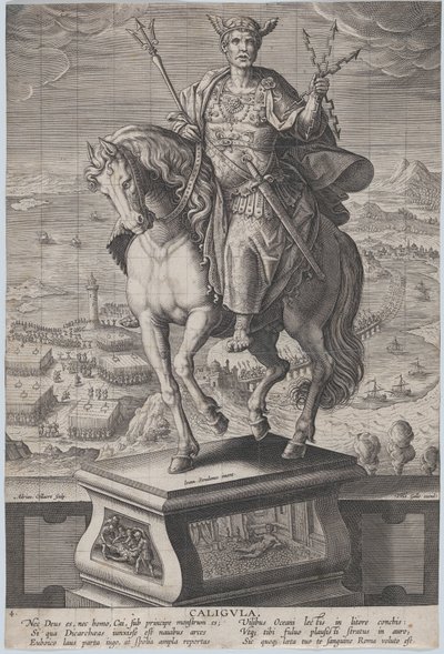 Tafel 4: Reiterstatue von Caligula, dreiviertel nach links gesehen, ca. 1587-89 von Adriaen Collaert