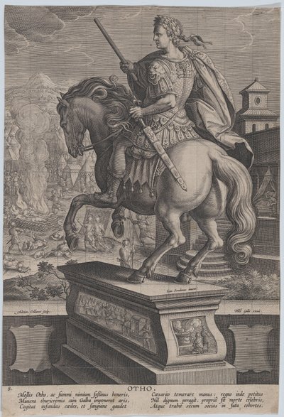 Platte 8: Reiterstatue von Otho, von hinten gesehen, seine Todesszene im Hintergrund, ca. 1587-89 von Adriaen Collaert