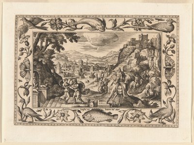 Rebecca und Eliezer am Brunnen, aus Landschaften mit Szenen aus dem Alten und Neuen Testament und Jagdszenen von Adriaen Collaert