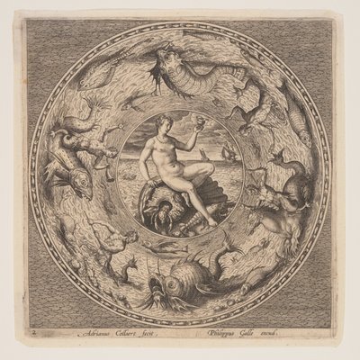 Thetis auf einer Muschel, aus einem Satz von Designs für Teller von Adriaen Collaert