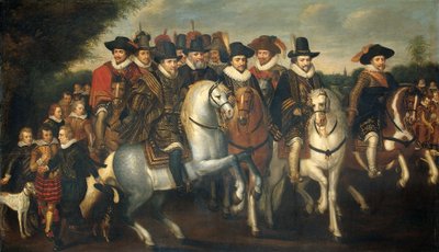 Prinz Maurits begleitet von seinen zwei Brüdern, um 1625 von Adriaen Pietersz van de (after) Venne