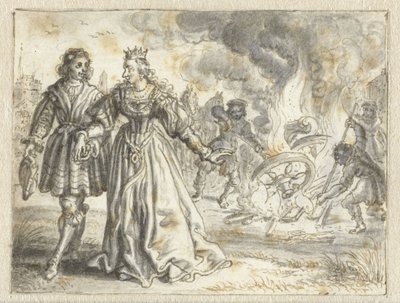 Hochzeitskutsche der Braut wird hinter ihr verbrannt von Adriaen Pietersz van de Venne