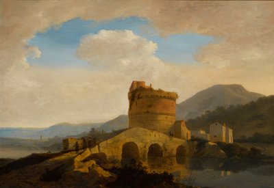Landschaft bei Rom, mit dem Grab der Plautii am Fluss Aniene von Adriaen van Eemont