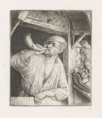 Bäcker bläst in einer Türöffnung in ein Horn von Adriaen van Ostade