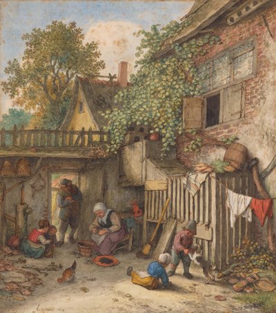 Innenhof mit einer Frau, die Muscheln säubert von Adriaen van Ostade