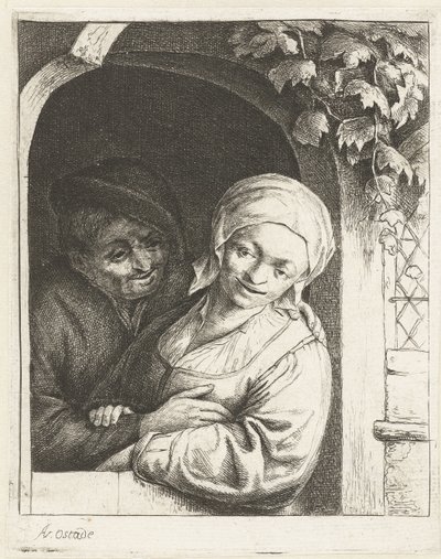 Bauer und Bäuerin als Liebespaar in einer Türöffnung von Adriaen van Ostade