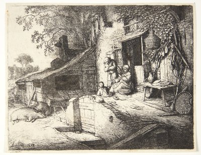 Frau, die vor einem Bauernhaus spinnt von Adriaen van Ostade