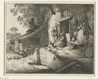 Spinnende Frau vor einem Haus von Adriaen van Ostade