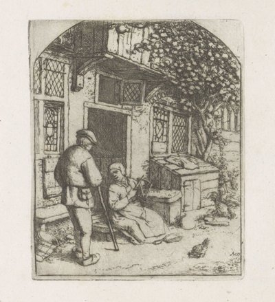Spinnerin auf der Schwelle eines Hauses von Adriaen van Ostade
