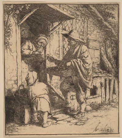 Straßenverkäufer verkauft Brillen an der Tür von Adriaen van Ostade