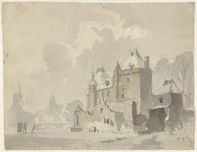 Ansicht eines fantasievollen(?) Schlosses in der Nähe einer Stadt von Adrianus Eversen