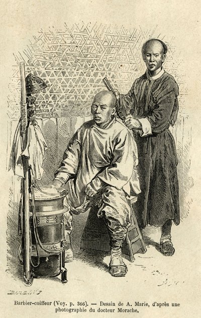 Ein wandernder Barbier bei der Arbeit, eine Bank und eine zylindrische Holzkiste mit Fächern und eine Schüssel bilden seine Reiseausrüstung. Gravur nach der Zeichnung von A. Marie, zur Illustration der Reise nach Peking und Nordchina, von T. Choutze, 1873, von Adrien Emmanuel Marie