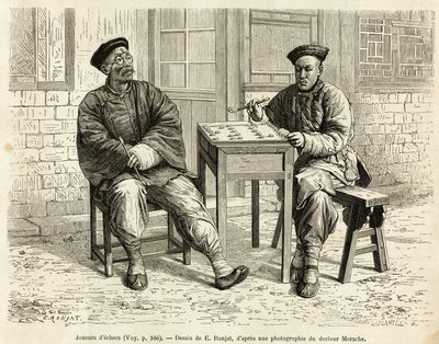 Schachspieler. Gravur nach einer Zeichnung von A. Marie, um die Reise nach Peking und Nordchina von T. Choutze in 1873 zu illustrieren, veröffentlicht in "Le tour du monde" 1876, herausgegeben von Edouard Charton, Hachette-Ausgabe, Paris. Selva-Sammlung von Adrien Emmanuel Marie